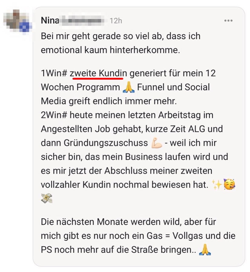 Screenshot: erste Kundin neben der Anstellung