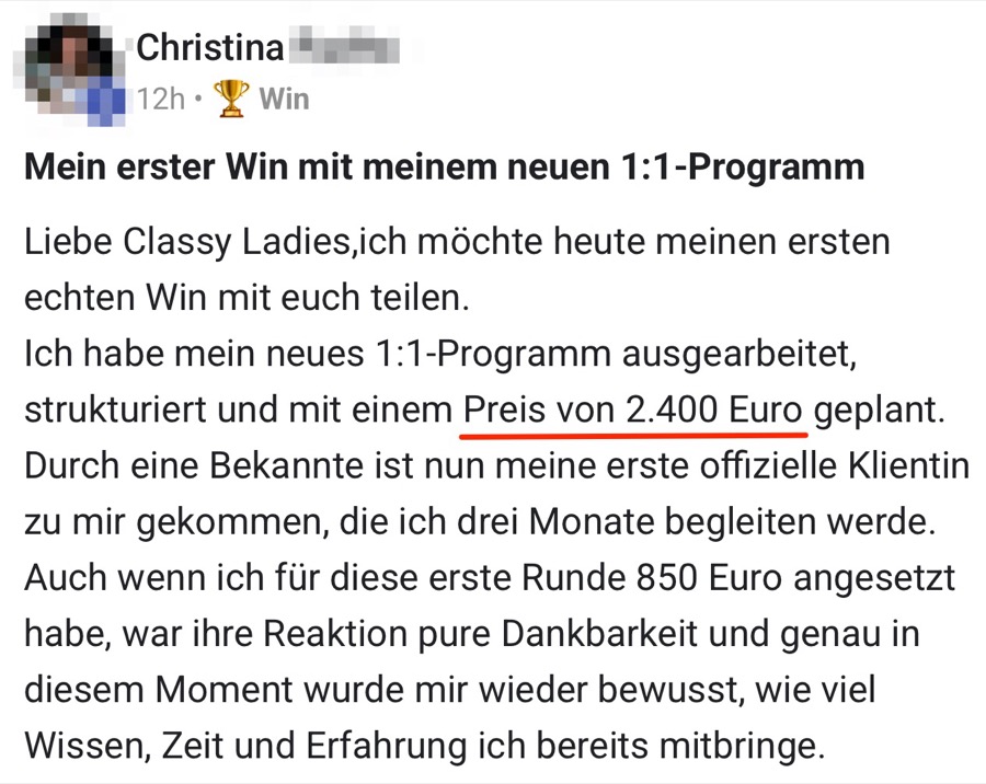 Screenshot: erste Klientin für 2.400 Euro