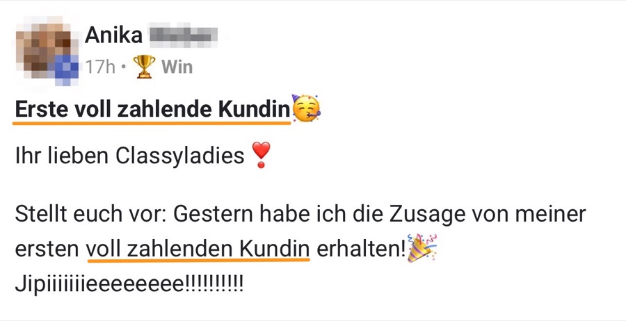 Screenshot: erste voll zahlende Kundin