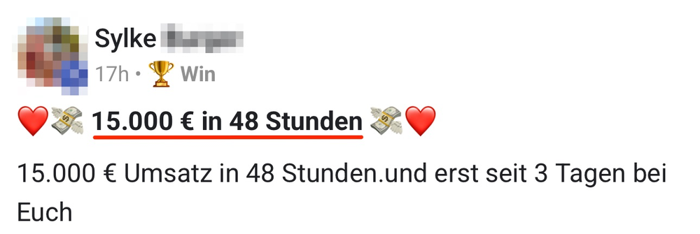 Screenshot: 15.000 Euro Umsatz in 48 Stunden