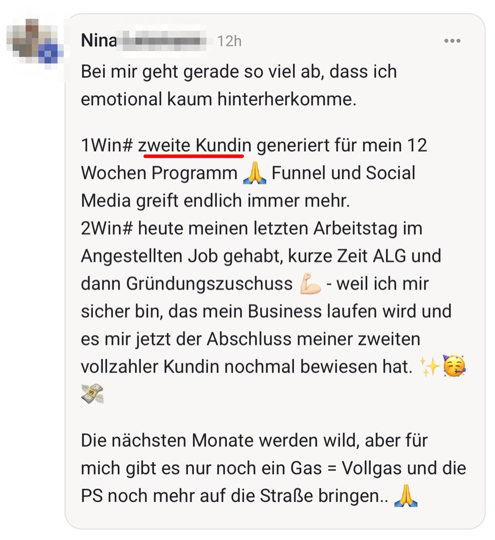 Screenshot: zweite vollzahlende Kundin fürs 12-Wochen-Programm