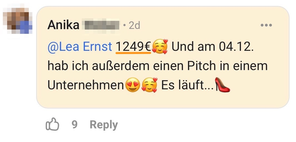 Screenshot: 1.249 Euro Abschluss und Pitch in einem Unternehmen