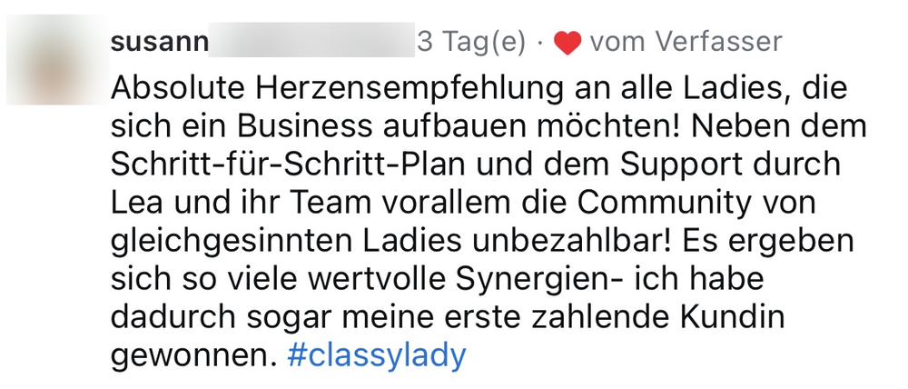 Screenshot: erste zahlende Kundin über die Community gewonnen