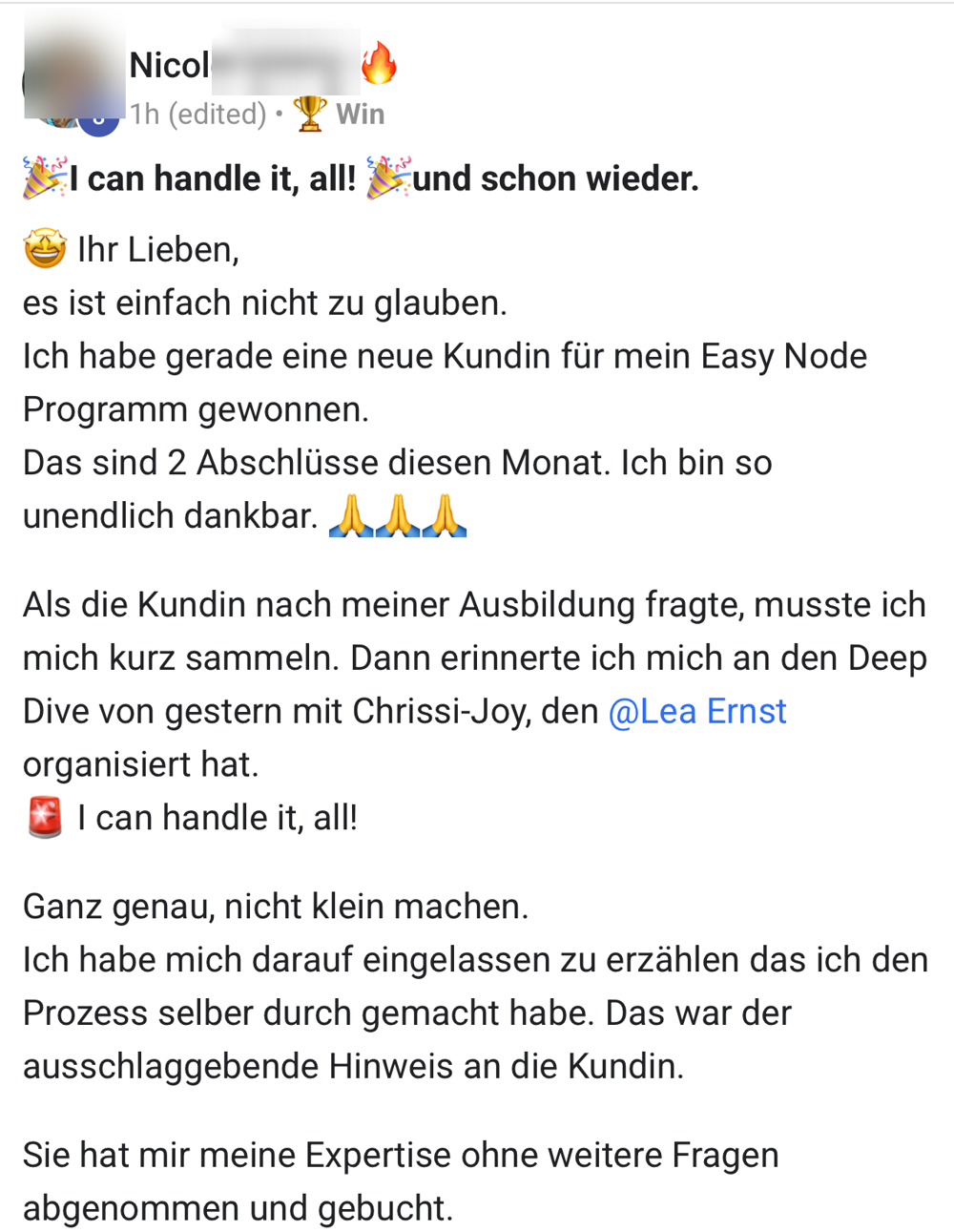 Screenshot: neue Kundin gewonnen, zwei Abschlüsse in einem Monat