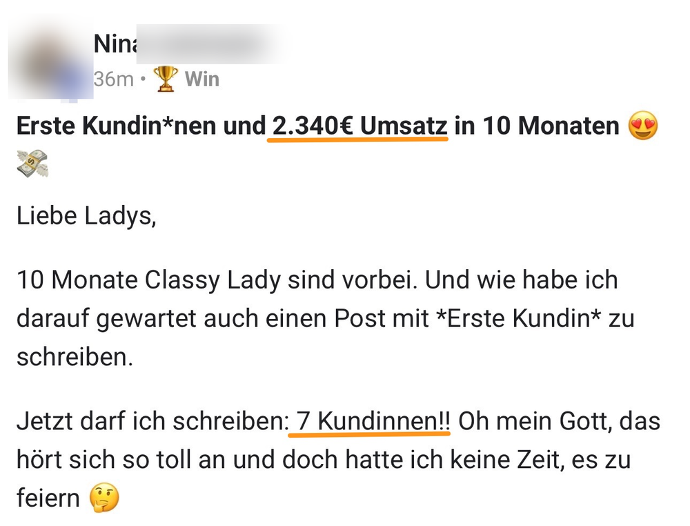 Screenshot: 7 Kundinnen und 2.340 Euro Umsatz in 10 Monaten