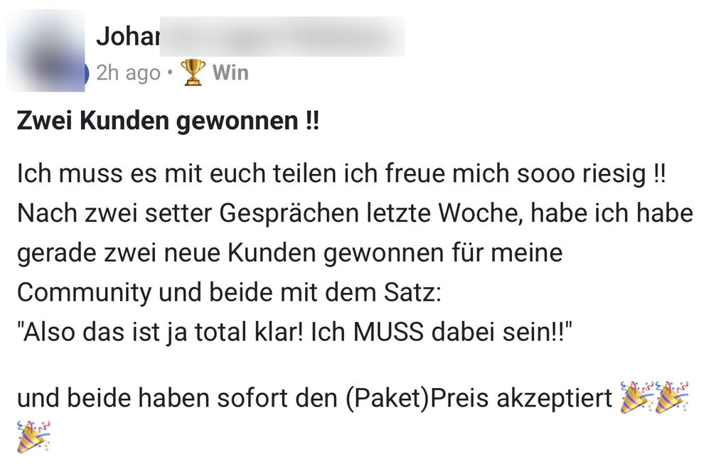 Screenshot: zwei Kunden gewonnen, Paketpreis sofort akzeptiert