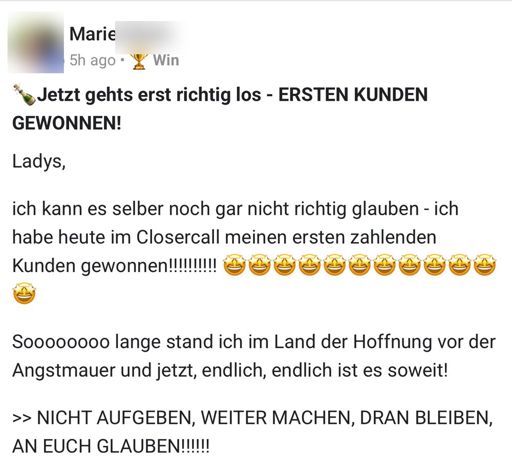 Screenshot: erster zahlender Kunde im Closer-Call gewonnen