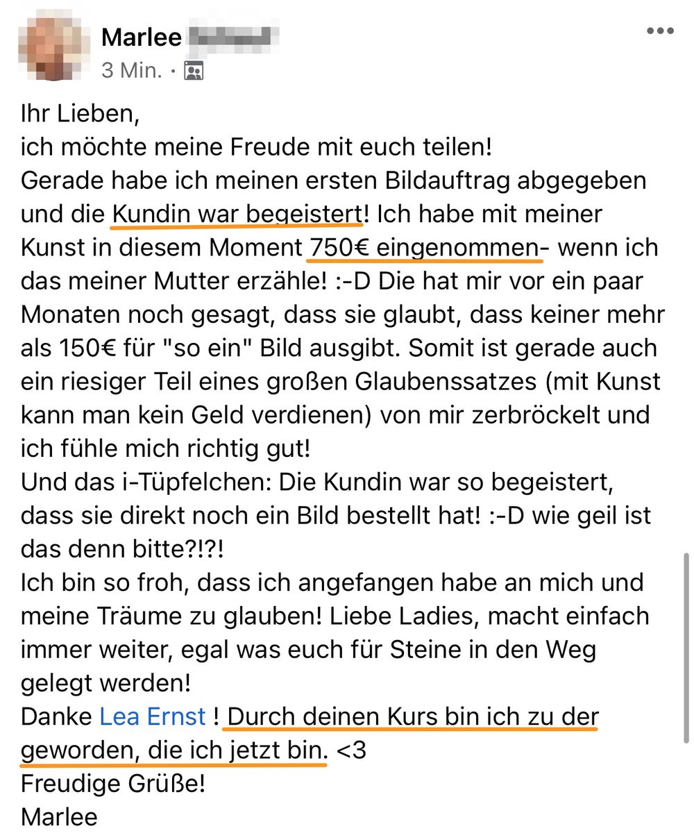 Screenshot: 750 Euro mit der eigenen Kunst eingenommen