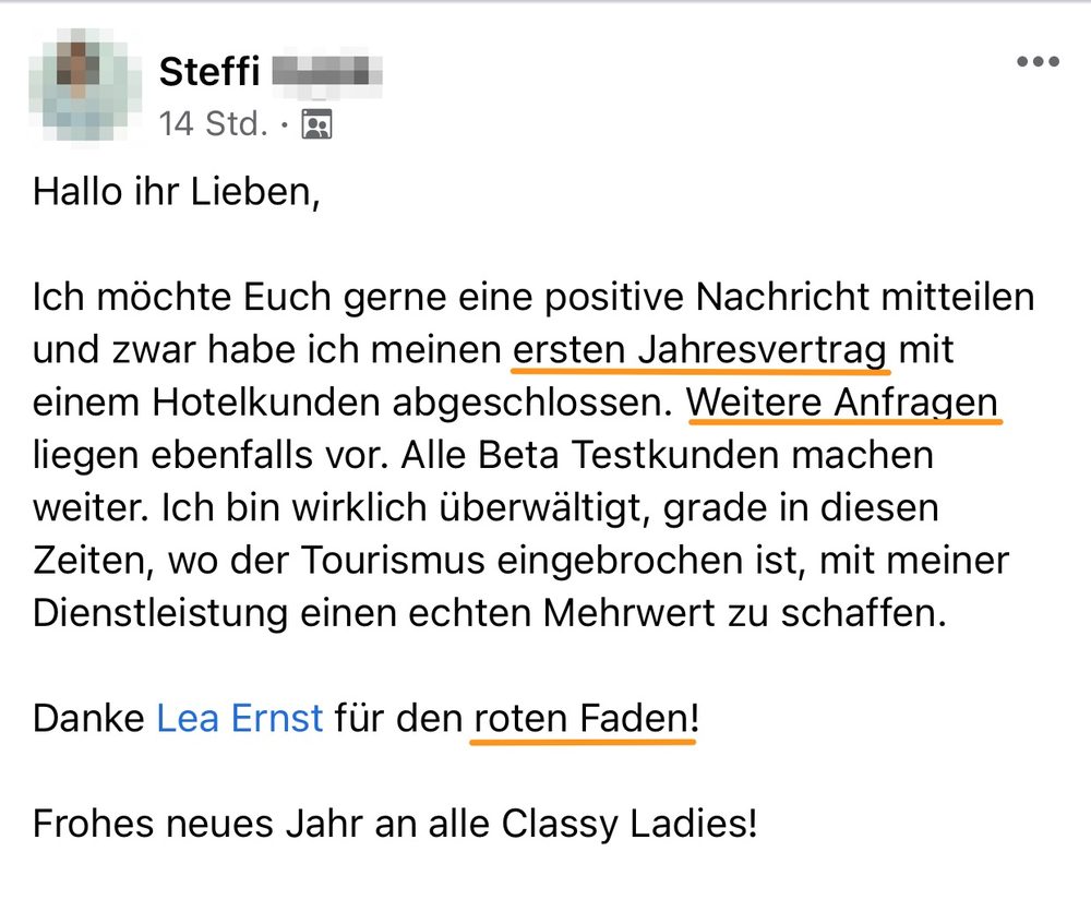Screenshot: erster Jahresvertrag mit einem Hotelkunden abgeschlossen