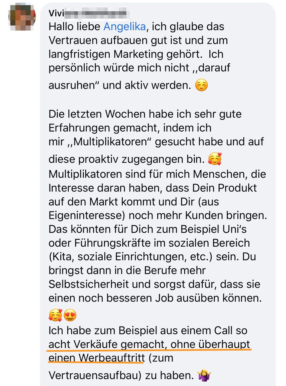 Screenshot: acht Verkäufe aus einem einzigen Call